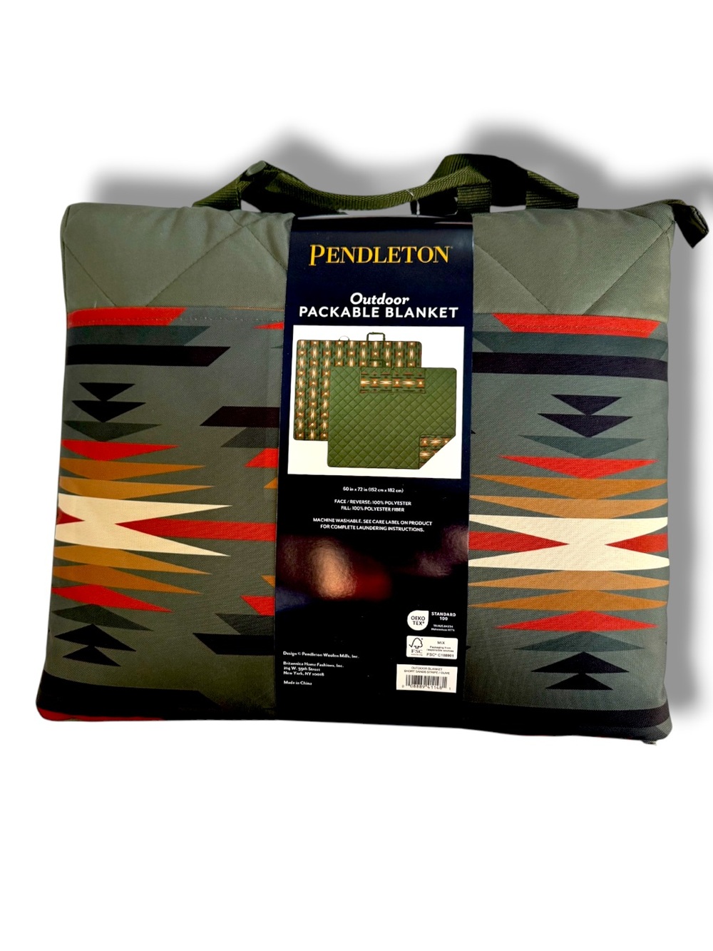 Pendleton Olive Green Southwestern Packable Blanket with Multicolor Stripes